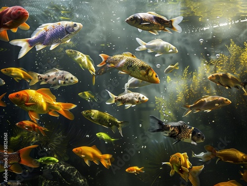 A large group of fish swimming in a tank. The fish are of various colors and sizes, creating a vibrant and lively scene