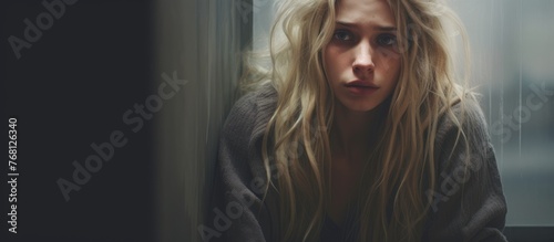 A depressed young woman with long blonde hair is standing in front of a window, looking out with a contemplative expression.