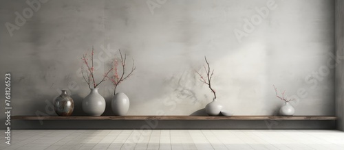 A gray shelf displaying various vases and branches. The vases are of different shapes and sizes  adding a decorative touch to the empty interior space.