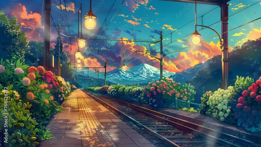 Tranquil train station surrounded by blossoming flowers and a train passing through. Seamless Looping 4k Video Animation