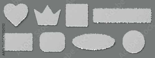 Set of silhouettes of a torn piece of gray paper. Rectangle, heart, crown, circle blank space for text. Lacerated sheet element, isolated shred fragment. Scrapbook blank header.