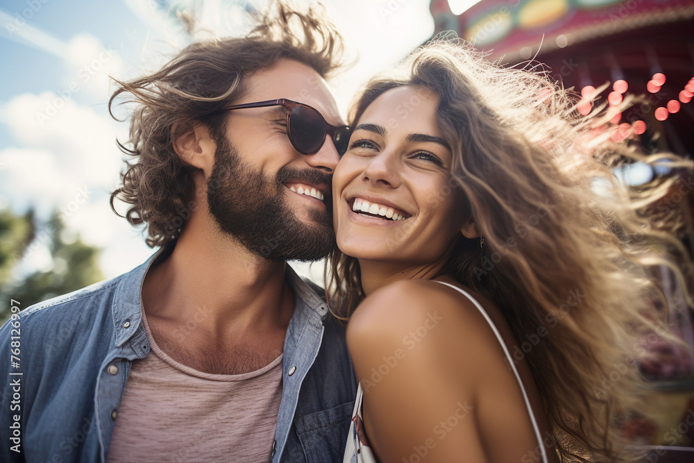 Generated AI image of cheerful happy couple enjoying time summer vacation in an amusement park Generated AI image of cheerful happy couple enjoying time summer vacation in an amusement park