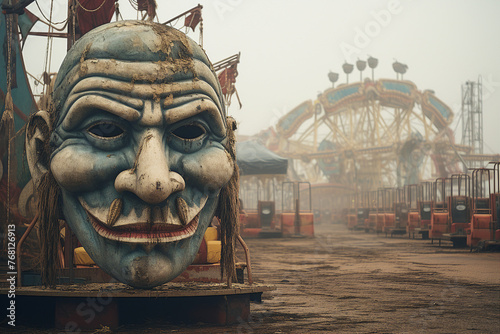 Generated with AI picture of creepy monster horrible clown from movie in amusement park