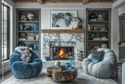Conceptualize a cozy reading nook with a marble fireplace as the focal point, flanked by asymmetrical armchairs upholstered in rich, textured fabrics, and a coffee table adorned with hand-blown glass  photo