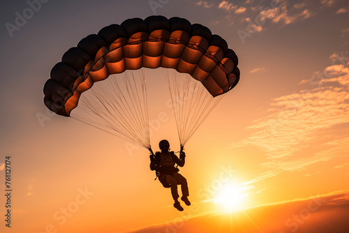 Skydivers silhouetted against a stunning sunset created with generative AI