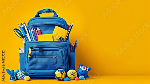 School bag essentials stationery supplies banner design for education on yellow background