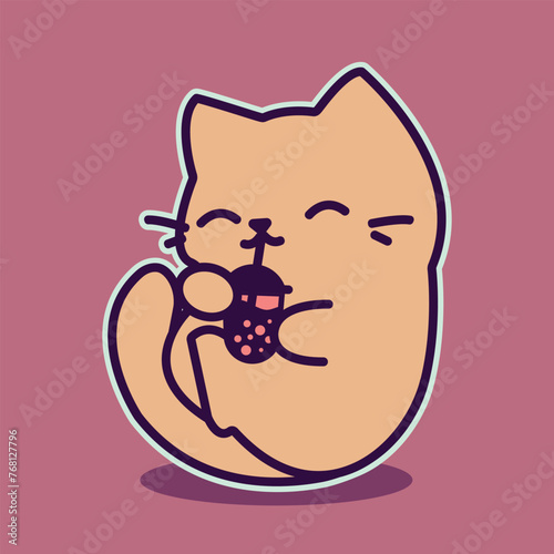 Cat with bubble tea or boba milk tea drink vector flat cartoon kawaii illustration sticker for web, card, banner, label of cafe, shop, restaurant. Fruit and tapioca pearls in plastic cup.