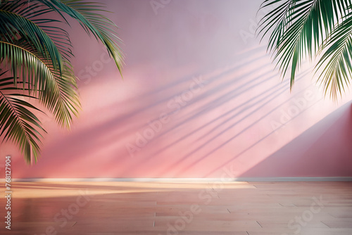 Shadows of palm leaves on a pink wall. Minimal abstract background for product presentation.