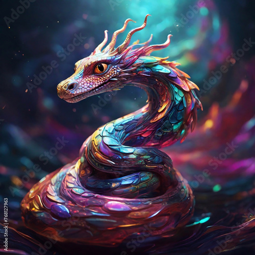 A shimmering, rippling quantum serpent, its long, twisting body adorned in holographic patterns that seem to shift and change with every movement. This cartoon character is depicted in a whimsical and