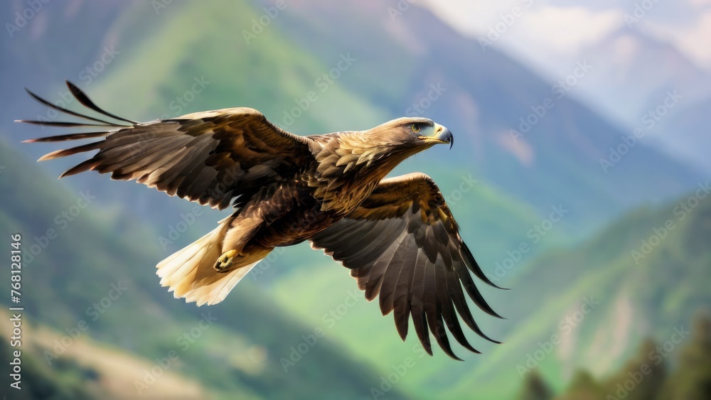 Fototapeta premium Majestic Golden Eagle in Flight Over Verdant Valleys