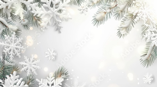 Festive christmas background with snowflakes frame and spruce branch, copy space available