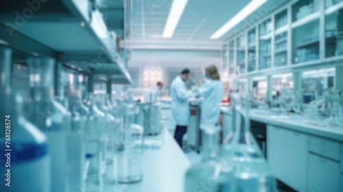 A blurred photograph capturing the bustling activity of scientists in lab coats conducting research in a modern, well-equipped laboratory. Resplendent.