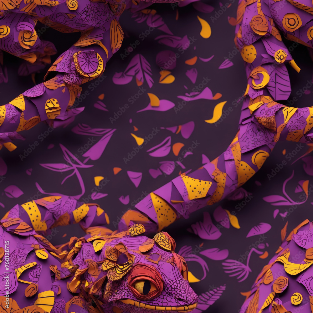 seamless pattern of yellow and purple geckos on red background created ...