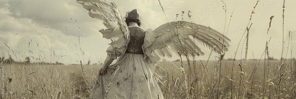  Tall white cloaked Angel with wings wearing armor in a field in a Eerie Scary Style created with Generative AI Technology - obrazy, fototapety, plakaty 