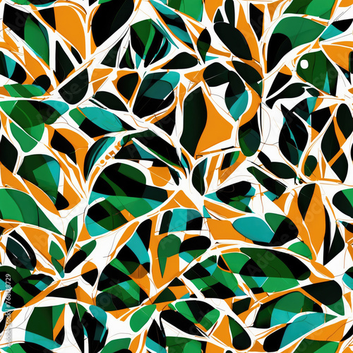 abstract seamless pattern with stylized leaves and colorful tropical flowers