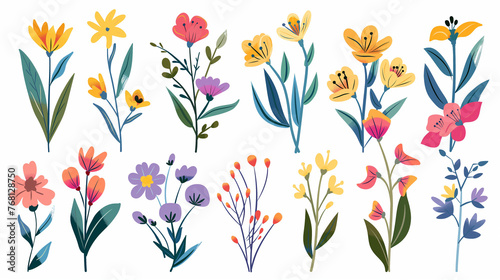 Hand drawn abstract wildflowers flowers and leaves flat icons set. Floral design with ornaments. Spring flowers blossom. Beautiful bouquet. Color isolated illustrations
