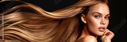 Elegant blonde woman with flowing hair on dark background, beauty and hair care concept, copy space