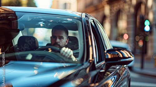 Man drives modern sedan on the road, symbolizing urban lifestyle and travel. Perfect for transportation or city-life themed content.