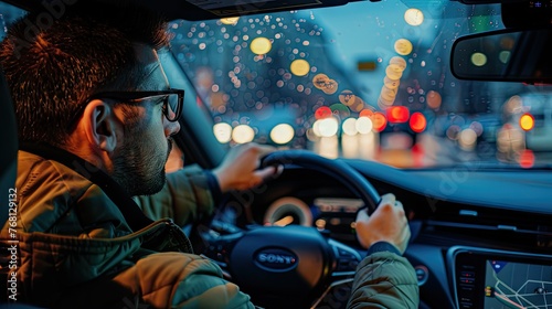 Man drives modern sedan on the road, symbolizing urban lifestyle and travel. Perfect for transportation or city-life themed content.