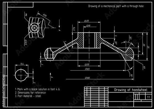Vector drawing of steel cast mechanical part with through holes
and dimension lines.
Engineering cad scheme. Technical template of handwheel.  Cross section.