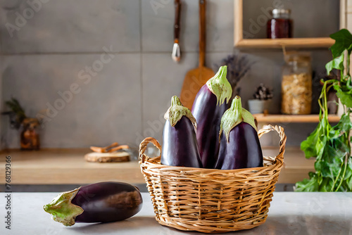 Fresh eggplants in a wicker basket on counter