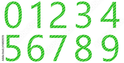 Set of striped numbers isolated on white. Alphabet with numbers. Vector graphic elements for design. Lines. Green color 