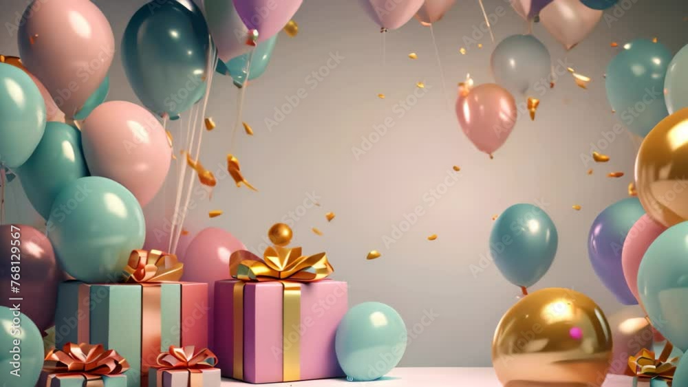 Vidéo Stock Gift box with balloons and confetti on the floor. 3d ...