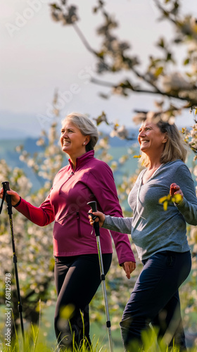 Portrait of adult women friends stopped to admire the blossoming of apple trees while walking and doing Nordic walking, vertical poster