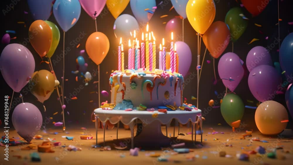 Birthday cake with candles and confetti on wooden table. Selective focus, A 3D render showcases a birthday cake with candles, balloons, and confetti, AI Generated
