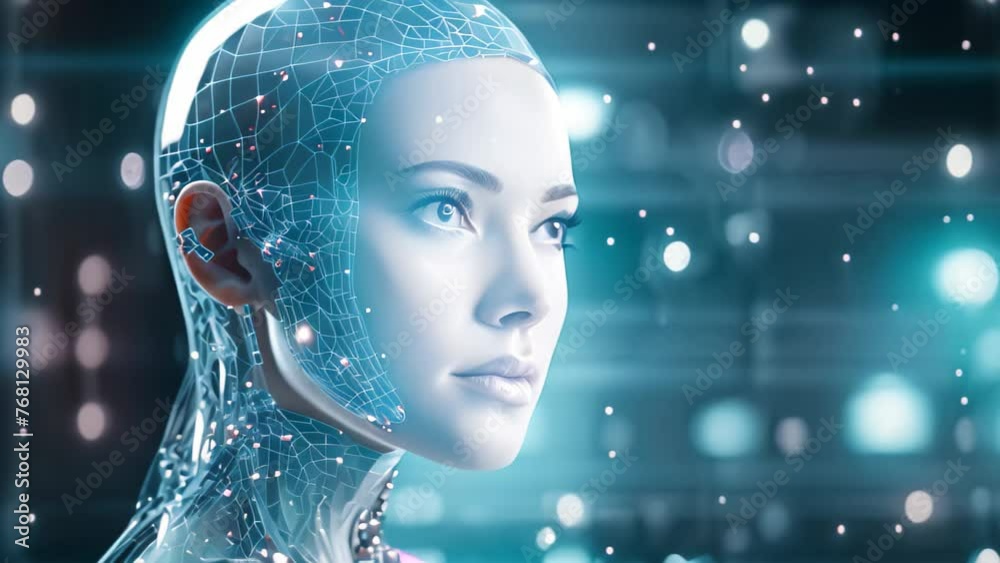 3d rendering of cyborg woman head with digital interface on background ...