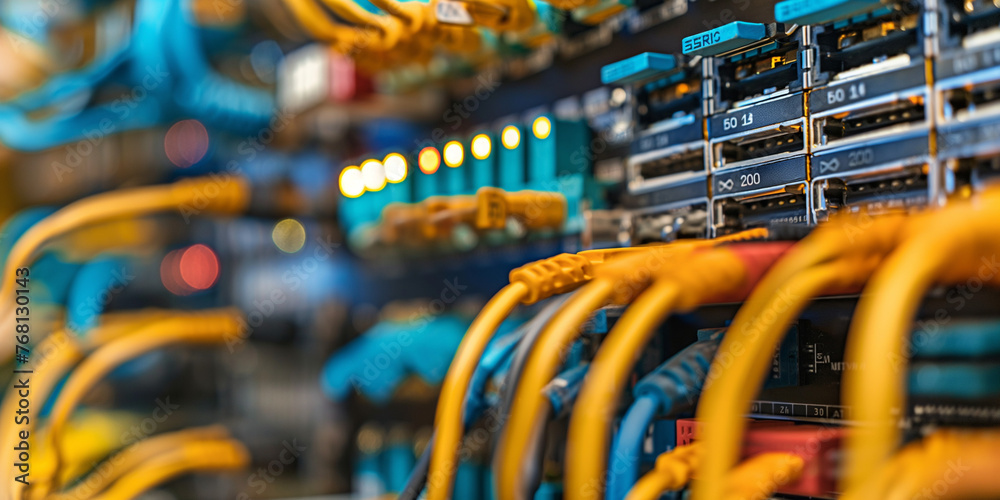 Fiber Optic cables connected to optic ports and Network cables ...