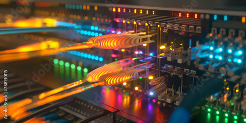 Fiber Optic cables connected to optic ports and Network cables connected to ethernet ports - Connecting fiber optic and network cables to respective ports © maryam