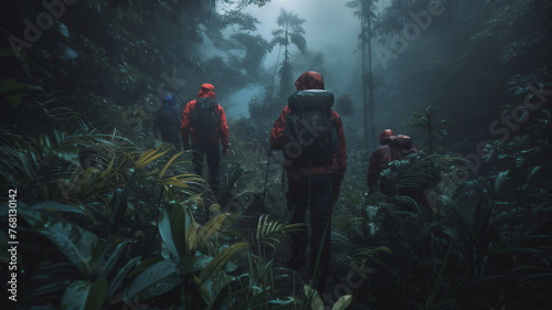 Rescue team in rescue operation in tropical rain forest .Searching for missing person ,help injured people ..