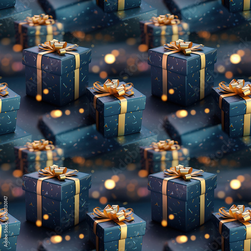 Seamless pattern of blue gift boxes with gold ribbons.