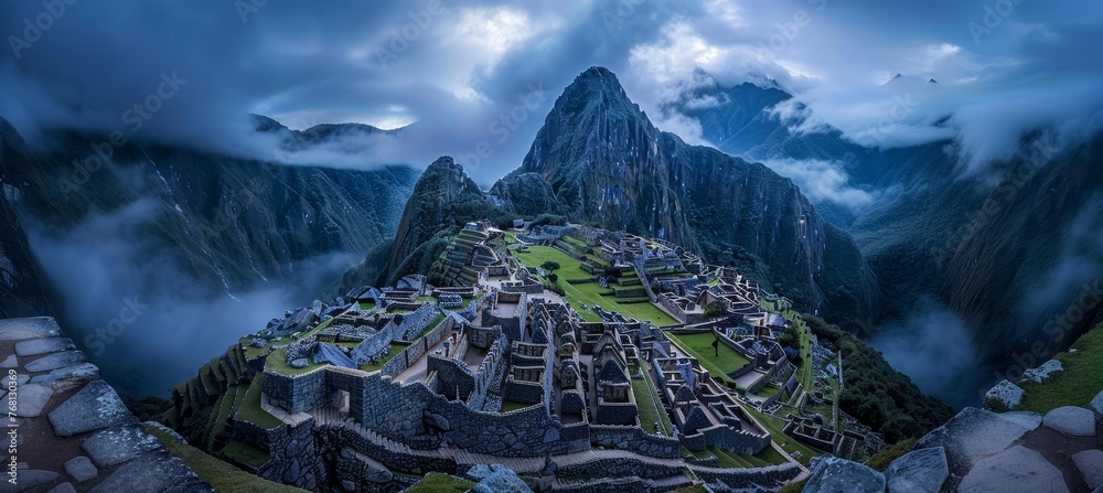 Machu picchu  incan citadel at sunset in andes mountains, peru   panoramic view on mountain ridge - obrazy, fototapety, plakaty 