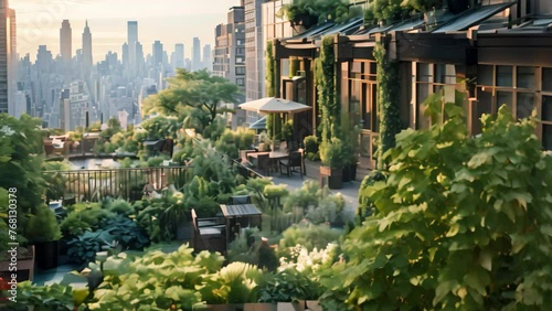 View of Manhattan from Central Park, A beautiful rooftop garden in the city adorned with lush green plants, AI Generated photo