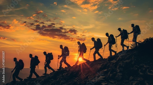 Group of adventurous hikers enjoying a mountain trek at sunset in summer, outdoor adventure tourism