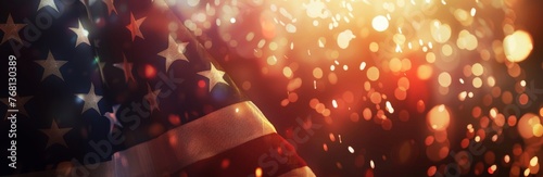 Vintage American flag with blurred fireworks on the background, panoramic banner for USA national holiday Generative AI