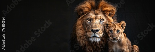 Male lion and cub portrait, spacious left side, object on right for text placement