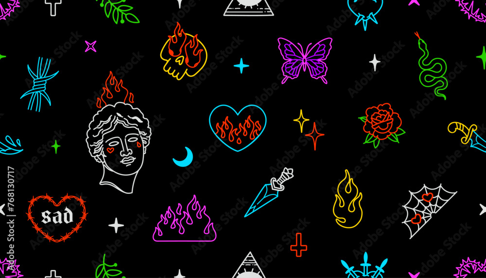 Colorful tattoo vs Y2k gothic tattoo elements background. Traditional tattoo and Aesthetic 2000s gothic opium set of butterfly, cross, fire, flamed heart, rose and more. Vector seamless pattern - obrazy, fototapety, plakaty 