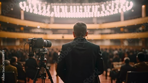 Rear view of a man with a camera in the conference hall, A cameraman with a professional digital camera stands in front of a conference hall, AI Generated photo