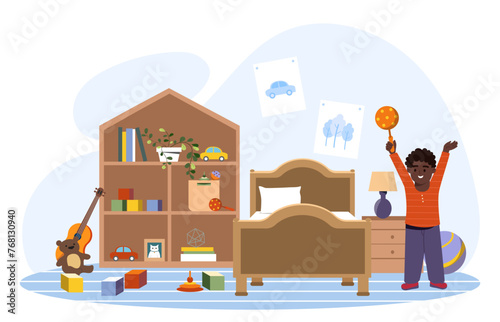 Boys bedroom interior concept. Playroom and childroom with wooden cabinet and bed. Kid play with toys. Guitar, bear, car and maracases. Cartoon flat vector illustration isolated on white background