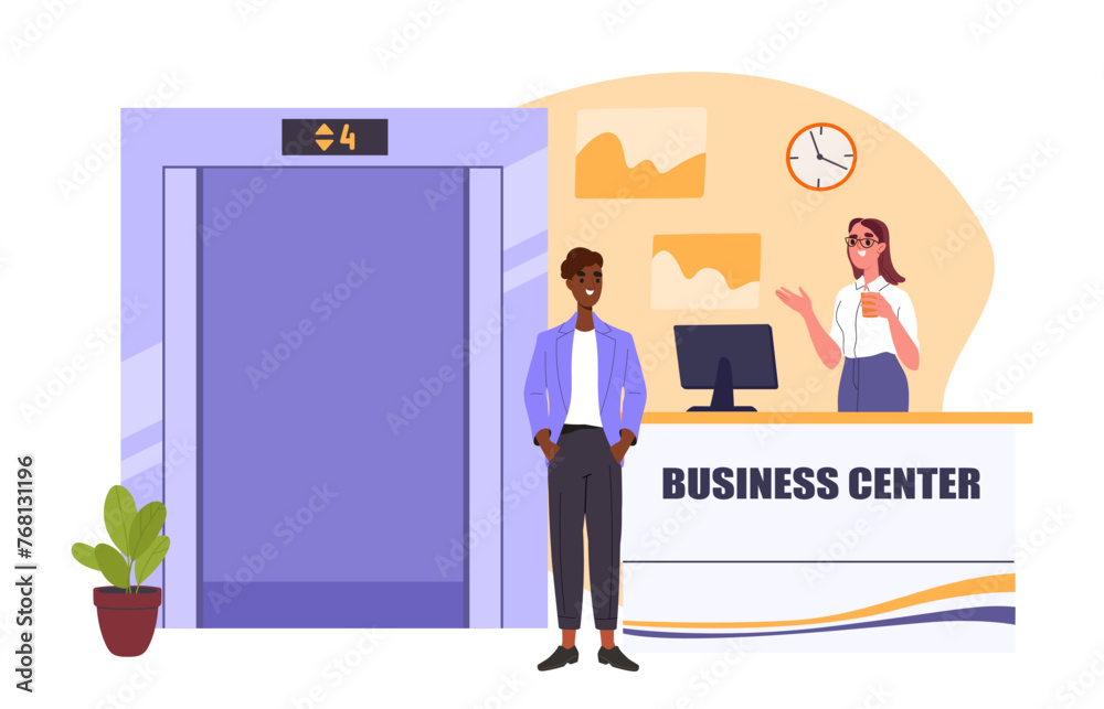 Business center reception concept. Man with recepionist near elevators. Office worker and employee with secretary. Lobby and waiting room. Cartoon flat vector illustration isolated on white background