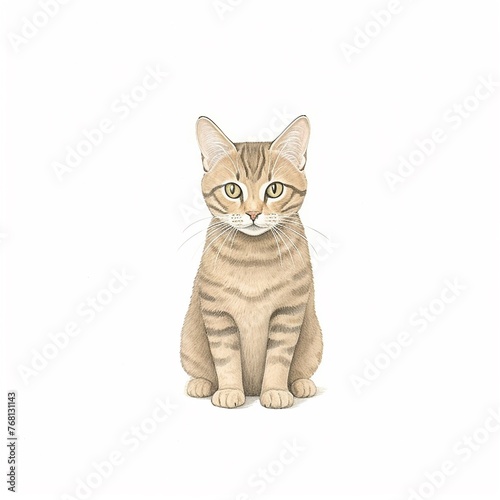 A cute, young kitty with fluffy fur sits on a white background looking curious