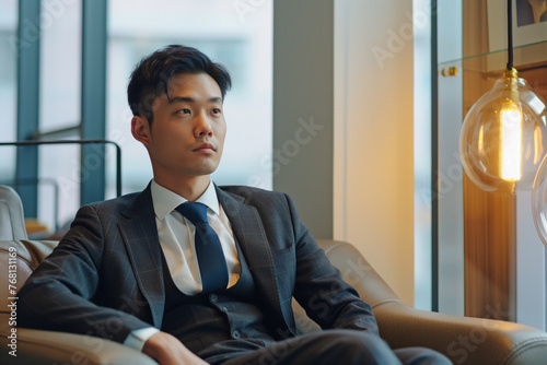 A guy of Asian appearance, an office worker, in melancholy