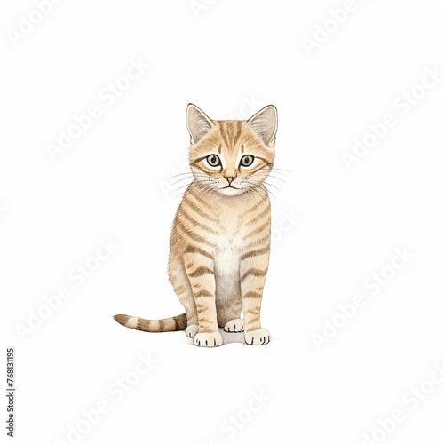 A cute white kitten with fluffy fur sits on a clean white backdrop © PARALOGIA