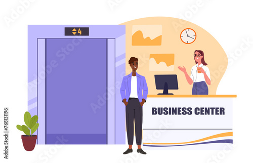 Business center reception concept. Man with recepionist near elevators. Office worker and employee with secretary. Lobby and waiting room. Cartoon flat vector illustration isolated on white background