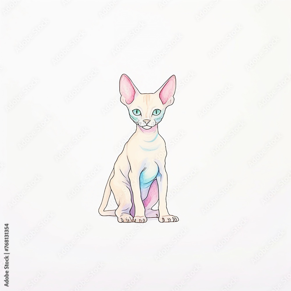 Funny cartoon of a grumpy hairless sphinx cat and a playful puppy isolated on a white background