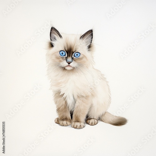 A fluffy white kitten sits alone on a white background