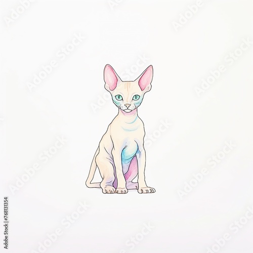 Funny cartoon of a grumpy hairless sphinx cat and a playful puppy isolated on a white background
